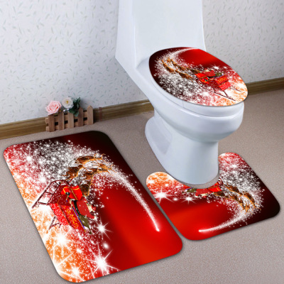 Amazon Hot Sale Christmas Sled Toilet Mat Three-Piece Foot Mat Bathroom Non-Slip Mat Digital Printed Mat