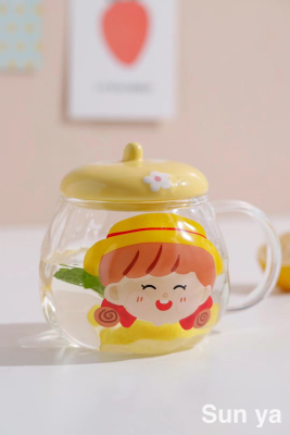 Hot Sale Cartoon Glass Cup Creative Glass with Cover with Spoon Coffee Cup Mug Milk Cup
