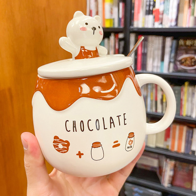 2021 New Summer Creative Bear Mug with Cover Spoon Cute Cartoon Ceramic Cup Household Large-Capacity Water Cup