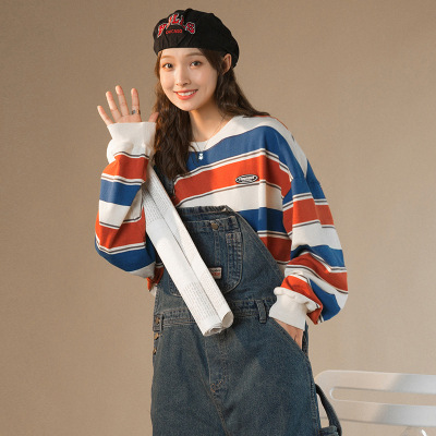 2021 Autumn and Winter New Japanese Style Stripe Sweater Female Couple Loose Trendy All-Match Crew Neck Coat