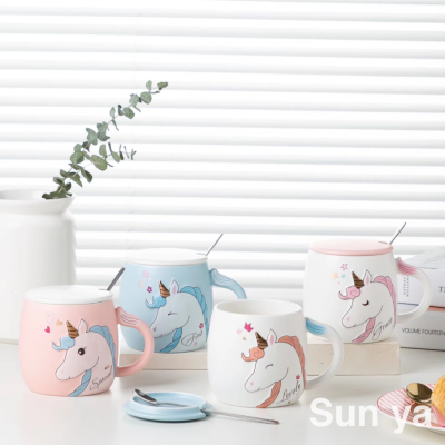 Hot Cartoon Ceramic Cup Unicorn Mug with Cover with Spoon Coffee Cup Office Water Cup