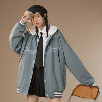2021 Autumn and Winter New Baseball Uniform Coat Female Ins Fashion Brand Contrast Colors False-Two-Piece Hooded Jacket