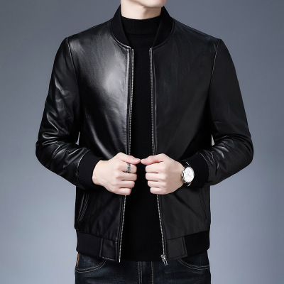 2021 Autumn New Haining Young and Middle-Aged Men's Full Leather Sheepskin Jacket Baseball Uniform Fashionable Simple Jacket