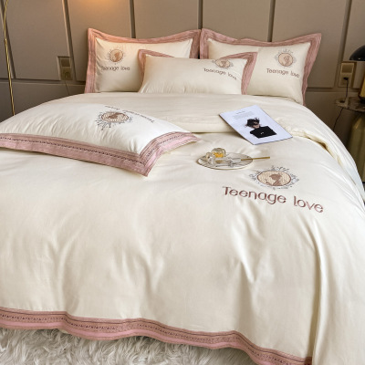 160 High Quality Pure Cotton All Cotton Thickened, Sanded Fabric Autumn and Winter Nordic Style Fitted Sheet Single Duvet Cover Bedding Four-Piece Set