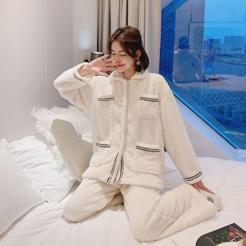 new autumn and winter thickened lambswool pajamas simple fashion long-sleeved trousers two-piece set lively cute homewear