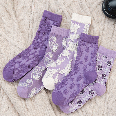 Purple Socks Women Autumn and Winter Mid-Calf Length Socks Thin Vintage Pattern Lolita Korean Style Japanese Style Wholesale Cotton Socks Long Socks