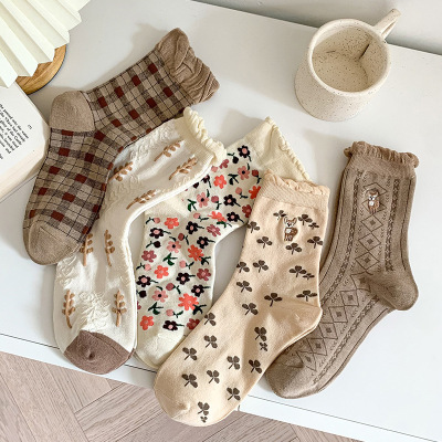 Retro Rhombus Socks for Women Tube Socks Autumn and Winter Thin Cotton Socks Cute Japanese Style Lace Socks Ins Trendy Autumn Long Socks