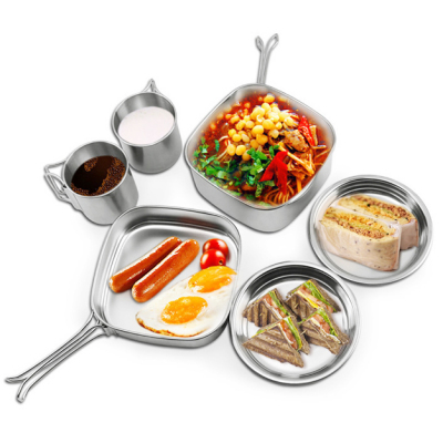 Stainless Steel Portable Camping Pot Set, Outdoor Combination Cookware Tableware, Sports Outdoor Camping Supplies 