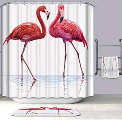 Flamingo Digital Printing Shower Curtain Bathroom Partition Bath Curtain Block Bath Curtain Polyester Material Digital Printing Punch-Free Iron Button