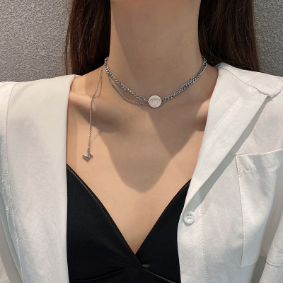 Double-Layer Titanium Steel Letter Necklace for Women Ins Niche Design Simple Sweater Chain Clavicle Chain Pendant