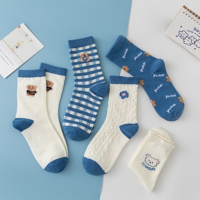 Ins High-Profile Figure Korean Fashionable Pure Cotton Blue Cute Japanese Style Bear Autumn and Winter Women's Socks