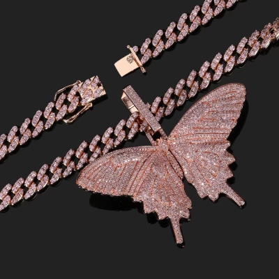 Cuban Link Chain with Copper Inlaid Butterfly Pendant