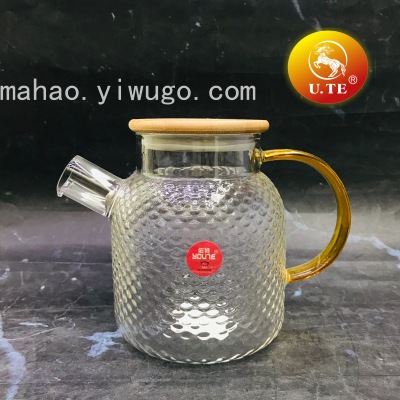 Bamboo Cover Hammered Pattern Glass Water Pitcher Teapot