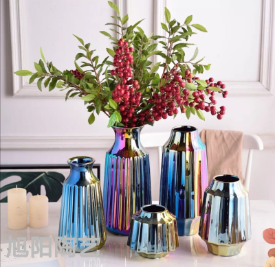 Simple Luxury Electroplated Purple Blue Silver Ceramic Vase Flower Two Three-Piece Set Soft Home Decoration Arctic Purple Purple Purple