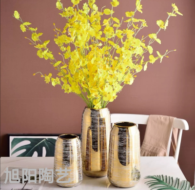 Simple Luxury about Modern Gold and Silver Color Ceramic Vase Flower Three-Piece Set Soft Decorative Ornaments