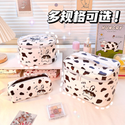 Simple Black and White Cow Pencil Case Cartoon Large-Capacity Cosmetics Buggy Bag Portable Wash Bag Stationery Case