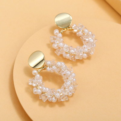 Korean Style Internet Hot New Dongdaemun Elegant Sterling Silver Needle Pearl Crystal Woven Ring Earrings Female Earrings Wholesale