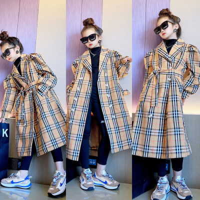 Girls' Plaid Trench Coat Long British 2021 Autumn New Medium and Big Children's Casual Jacket