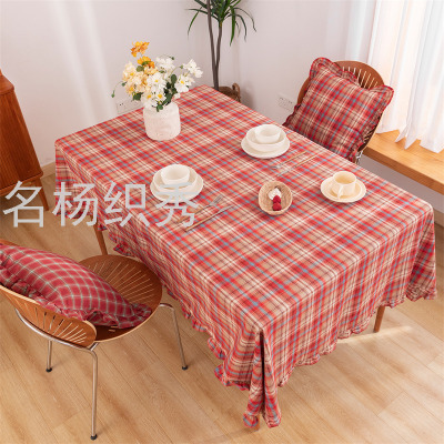 Plaid Yarn-Dyed Wooden Ear French Style Tablecloth Simple Color Dining Table in Dining Room Tablecloth Coffee Table Cover Towel
