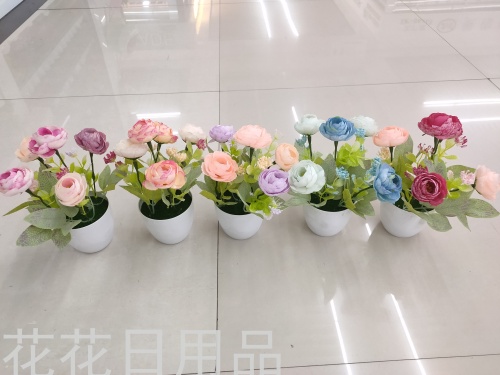 New White Pot Rose Plastic Silk Cloth Artificial Flower Bonsai Fake Flower Crafts Decoration
