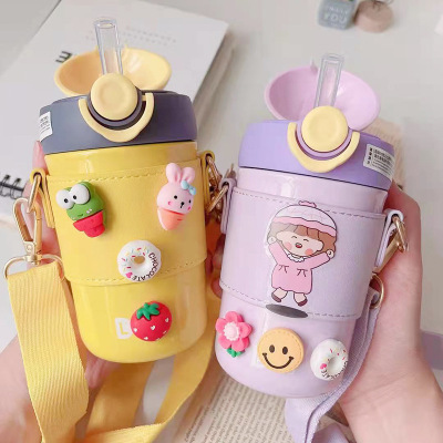 Simple Ins Macaron Thermos Cup Preppy Girly Bounce Cover Water Cup Chubby Cup Portable Lanyard Strap Thermos Cup