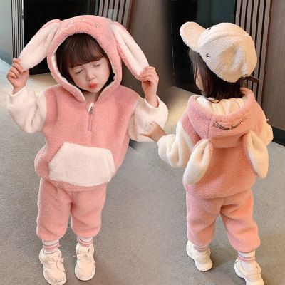 Girls' Suit Autumn and Winter Clothing 2021 New Girl's Children Fleece-Lined Two-Piece Suit Winter Thickened Baby Girl Clothes