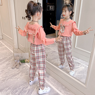 Girls' Autumn Clothing Suits Korean Style Children's Bow College Style Two-Piece Set 2021 New Girl's Suit