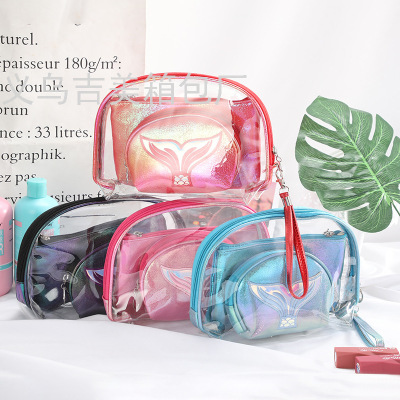New Fashion Trendy PVC Mermaid Tail Three-Piece Set Cosmetic Bag Female Creative Simple Cartoon Laser Wash Bag
