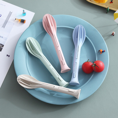 Factory Direct Wheat Straw Portable Knife and Fork Set Plastic Knife, Fork and Spoon Student Traveling Three-Piece Suit Wheat Tableware