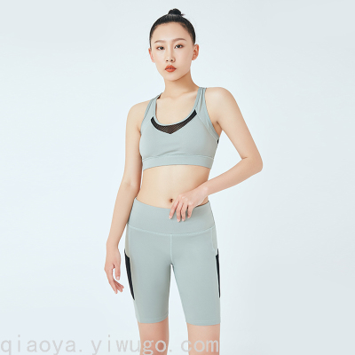 Tight High Waist Hip Lifting Stitching Mesh Five Points Yoga Suit Workout Clothes Leggings Women's Outer Wear Sportswear