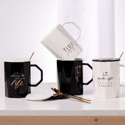 New 350ml Creative Porcelain Cup Black and White Geometry Simple Mug with Lid Office Coffee Cup with Spoon Wholesale