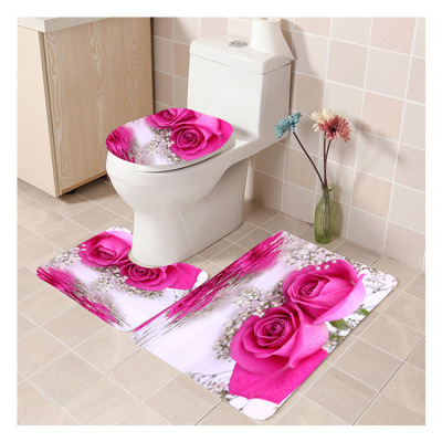 Rose High-Definition 3D Digital Printed Mat Carpet Home Bathroom Non-Slip Mat Printed Toilet Three-Piece Set