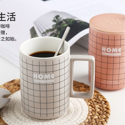 New Simple Striped Creative Ceramic Water Cup with Cover with Spoon College Style Office Mug Coffee Cup