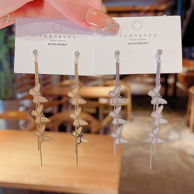 Long Tassel Butterfly Earrings Female 925 Silver Needle All-Matching Graceful Internet Famous Earrings