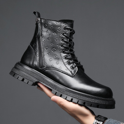 Men's Trendy Printed Dr. Martens Boots British Style High Top Working Wear Autumn and Winter Side Zip Platform Leather Boots