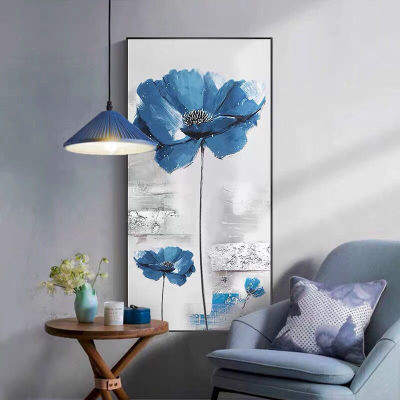 Handmade Painting Vertical Type at the Entrance Painting Classical Blue Flower Decorative Painting Modern Minimalist Corridor and Aisle Mural