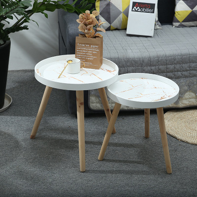 Nordic Style Golden Edge Tea Table Living Room Home Small Apartment round Tea Table Marble Texture Tea Table Side Table Combination