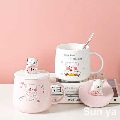 Hot Cartoon Ceramic Cup Cute Bear Mug with Cover with Spoon Coffee Cup Creative Glass