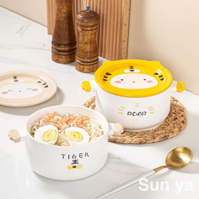 Hot Korean Style Binaural Cartoon Ceramic Cup Instant Noodle Bowl with Lid Ceramic Bowl Fruit Bowl