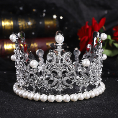 Bridal Ornament Birthday Cake Decoration Plastic Light Crown Pearl round Princess Rhinestone Crown Wedding Headdress