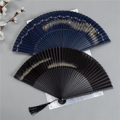 Chinese Style 7-Inch Folding Fan Classical Retro Style Peacock Feather Bronzing Men and Women Han Chinese Clothing Cheongsam Portable Dance Fan