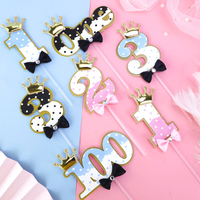 Baking Cake Topper Digital Plug-in Hundred Days Crown Bow Tie Diamond-Embedded Party Dress up Dessert Table Layout