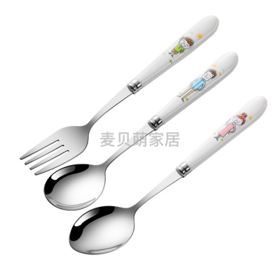 Stainless Steel Porcelain Handle Spork Set Household Thickened Soup Spoon Four-Mouth Melamine Insulated Fork