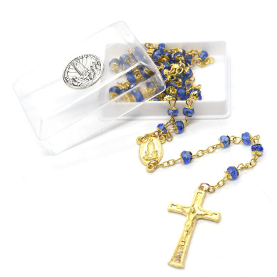 Boxed Cross-Border Foreign Trade Blue Crystal Rosary Necklace Fatima Virgin Cross Ornament Christ Religious Articles