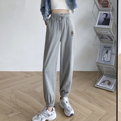 Waffle Velvet Sweatpants Women's Autumn and Winter Korean Casual Pants Loose Track Pants High Waist Thin Looking Jogger Pants Female Students