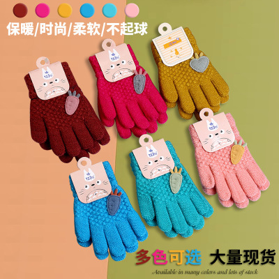 Factory in Stock Autumn and Winter Finger Gloves Cute Carrot Double-Layer Jacquard Striped Student Children Warm Gloves