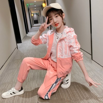 2021 New Girls Autumn Clothing Medium and Large Children's Circuit Diagram Suit Hooded Sweater Color Matching Zip-up Shirt Two-Piece Set Delivery