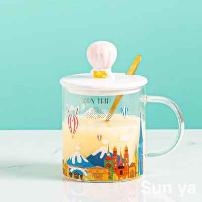 Hot Selling Hot Air Balloon Heat-Resistance Glass Milk Cup with Cover with Spoon Coffee Cup Creative Glass