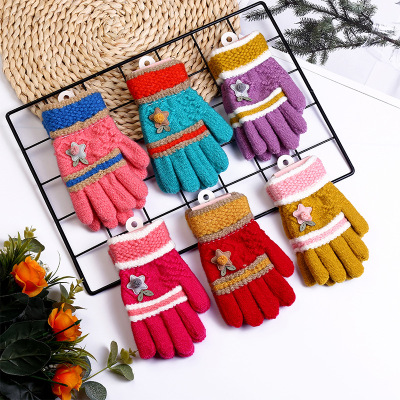 Spot Men's and Women's Autumn and Winter Gloves Anti-Freezing Cute Grass Double-Layer Jacquard Striped Student Children's Warm Gloves