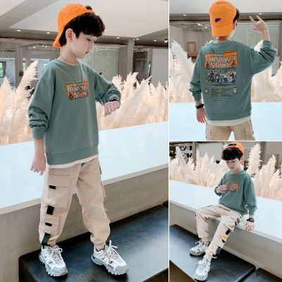 Boy's Hoody Overalls Suit 2021children's Fashion Korean Style Children's Pants Autumn Two-Piece Suit Fashion